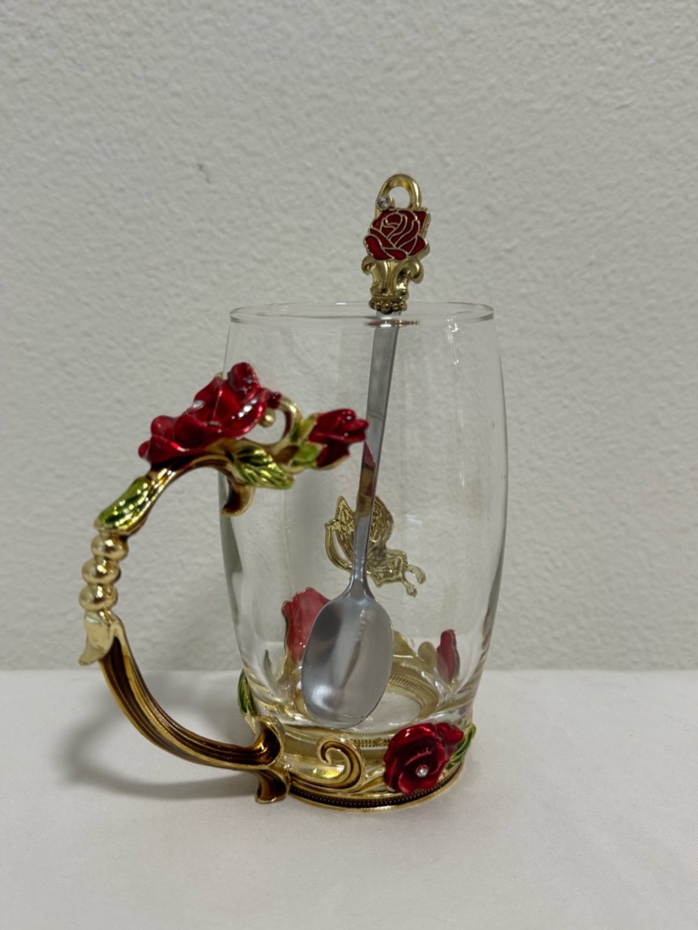 Decorative Red Rose Glass Mug with Gold Accents